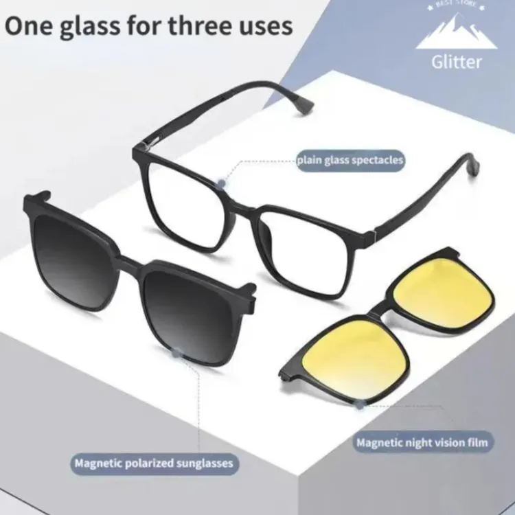 3 In 1 Night Vision plain glass spectacles Metal with Magnet Clip on Sunglasses