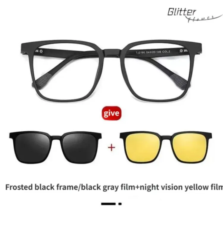 3 In 1 Night Vision plain glass spectacles Metal with Magnet Clip on Sunglasses