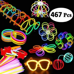 467Pcs Glow Sticks Glow Party Favors for Kids/Adults: 200 Glowsticks Party Packs 7 colors & Connectors for Glow Necklace, Flower Balls, Luminous Glasses and Triple/Butterfly Bracelets
