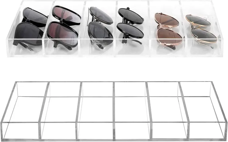 6 Slot Clear Acrylic Sunglasses and Eyeglasses Storage Organizer Tray, Eyewear Display Case, Set of 2