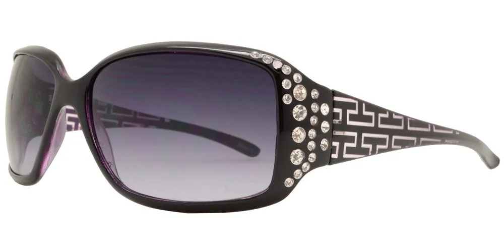 7420 - Rectangular Sunglasses with Rhinestones and Line Design Temple