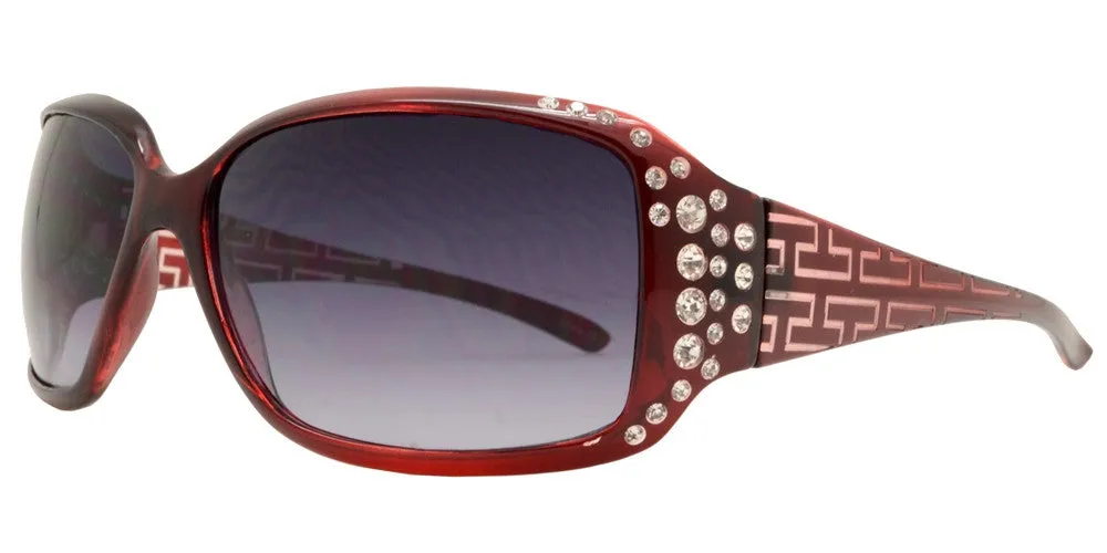 7420 - Rectangular Sunglasses with Rhinestones and Line Design Temple