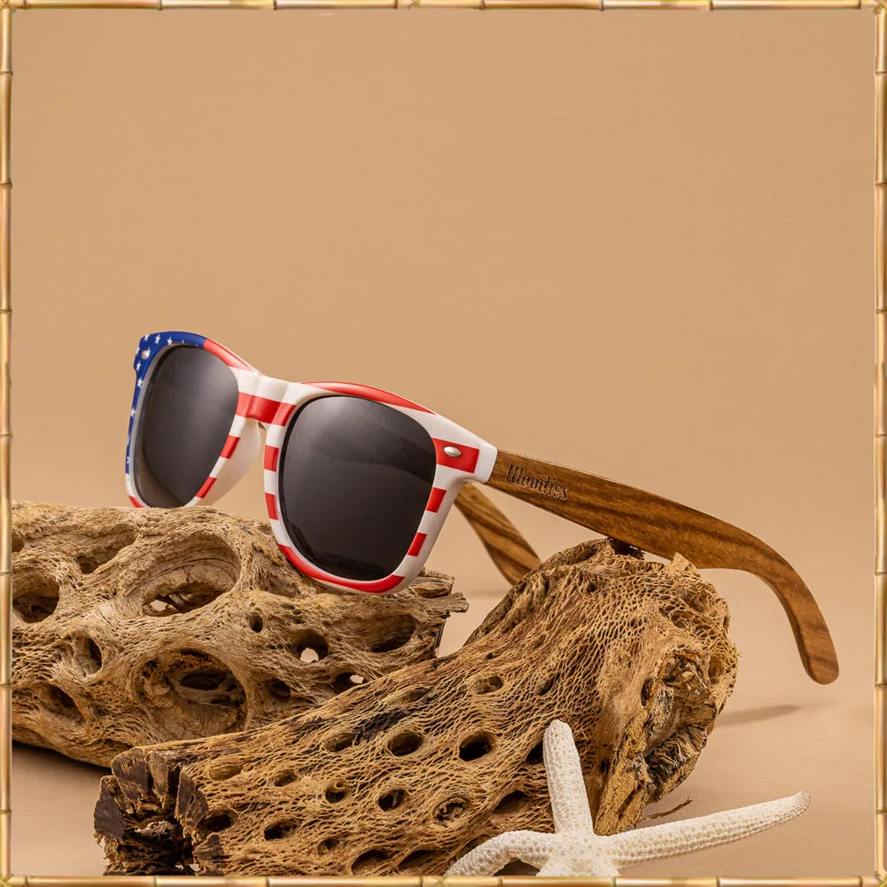 American Flag Frame Zebra Wood Polarized Sunglasses