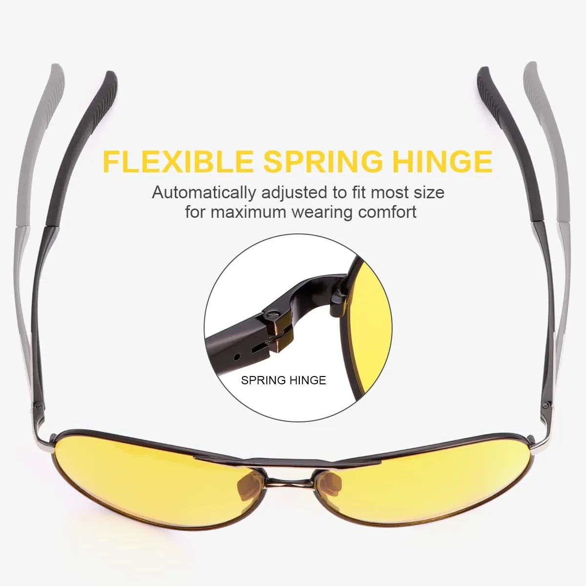 Aviator Night Vision Driving Glasses for Men Women Anti Glare Sunglasses Polarized Yellow Metal Frame Spring Hinge Eyewear