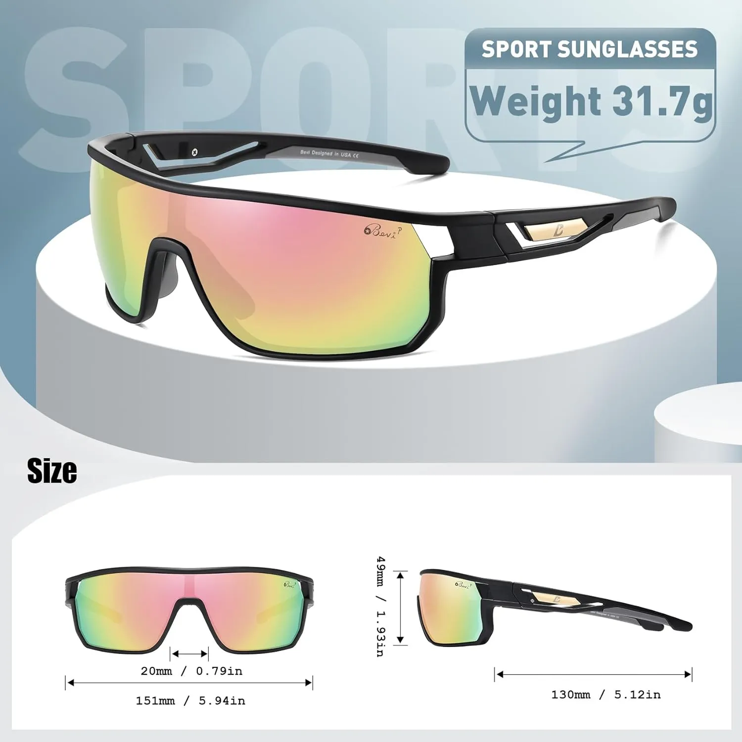 Bevi Polarized Sports Sunglasses TR90 Unbreakable Frame for Men Women Running Cycling Baseball