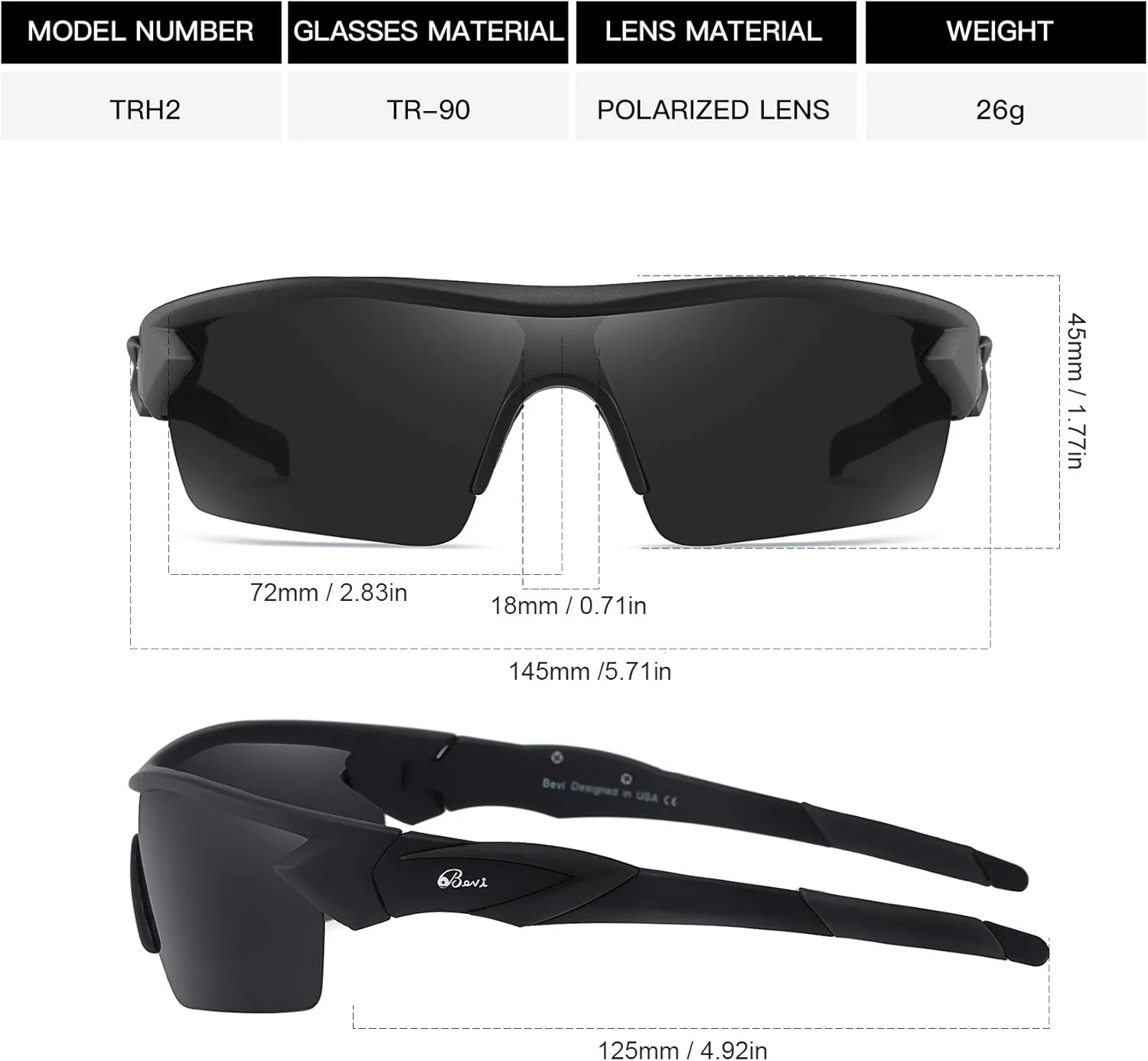 Bevi Polarized Sports Sunglasses TR90 Unbreakable Frame for Men Women Running Cycling Golf Baseball