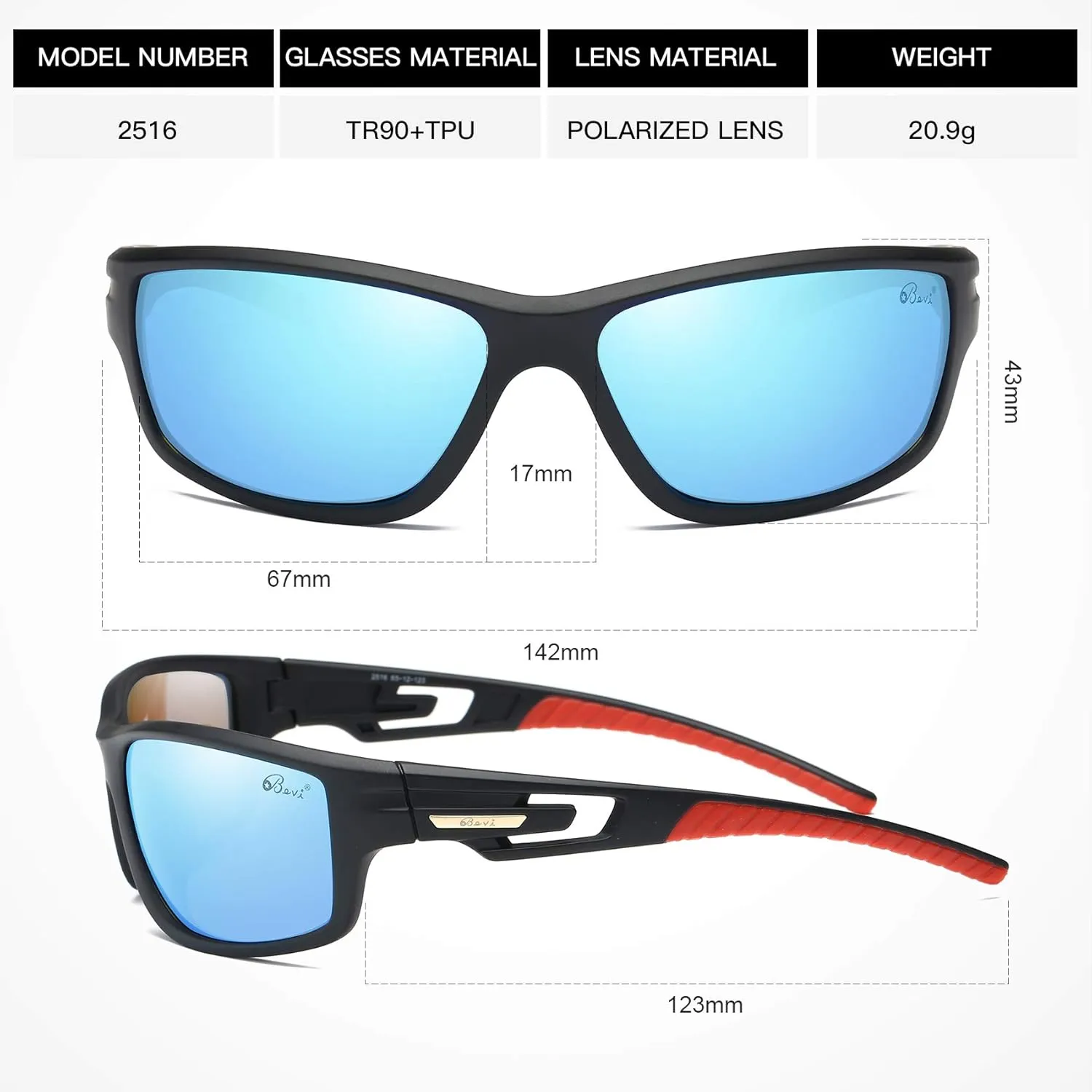 Bevi Polarized Sports Sunglasses Unisex TR90 Frame for Cycling Running Driving Fishing Golf Baseball Glasses