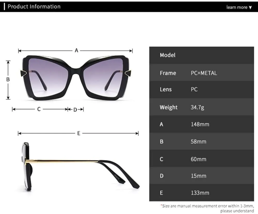 Cat Eye Oversized Sunglasses Women Vintage Travel Big Frame Sun Glasses Ladies Shades UV400