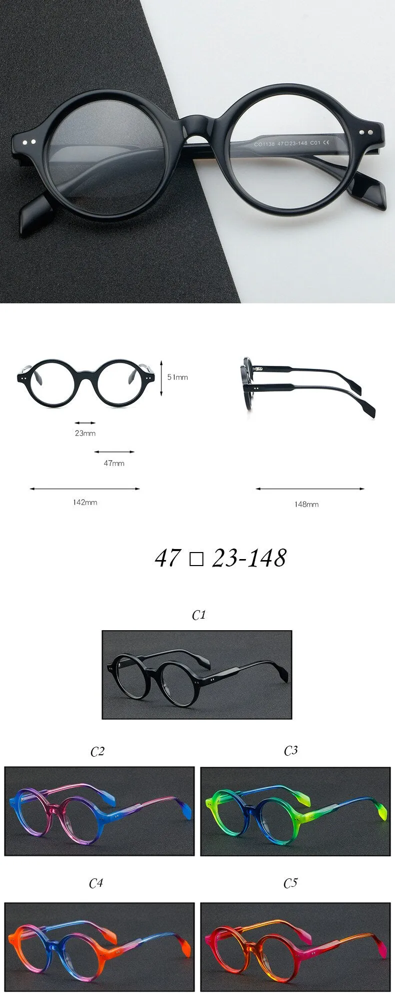 CCspace Unisex Full Rim Round Acetate Eyeglasses 56719