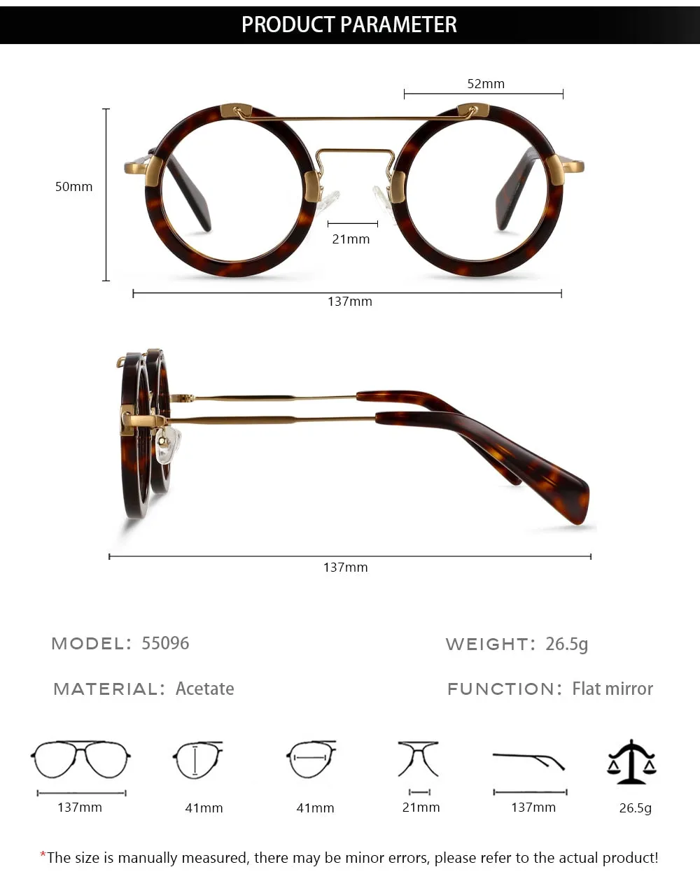 CCspace Unisex Full Rim Round Double Bridge Acetate Alloy Eyeglasses 55096