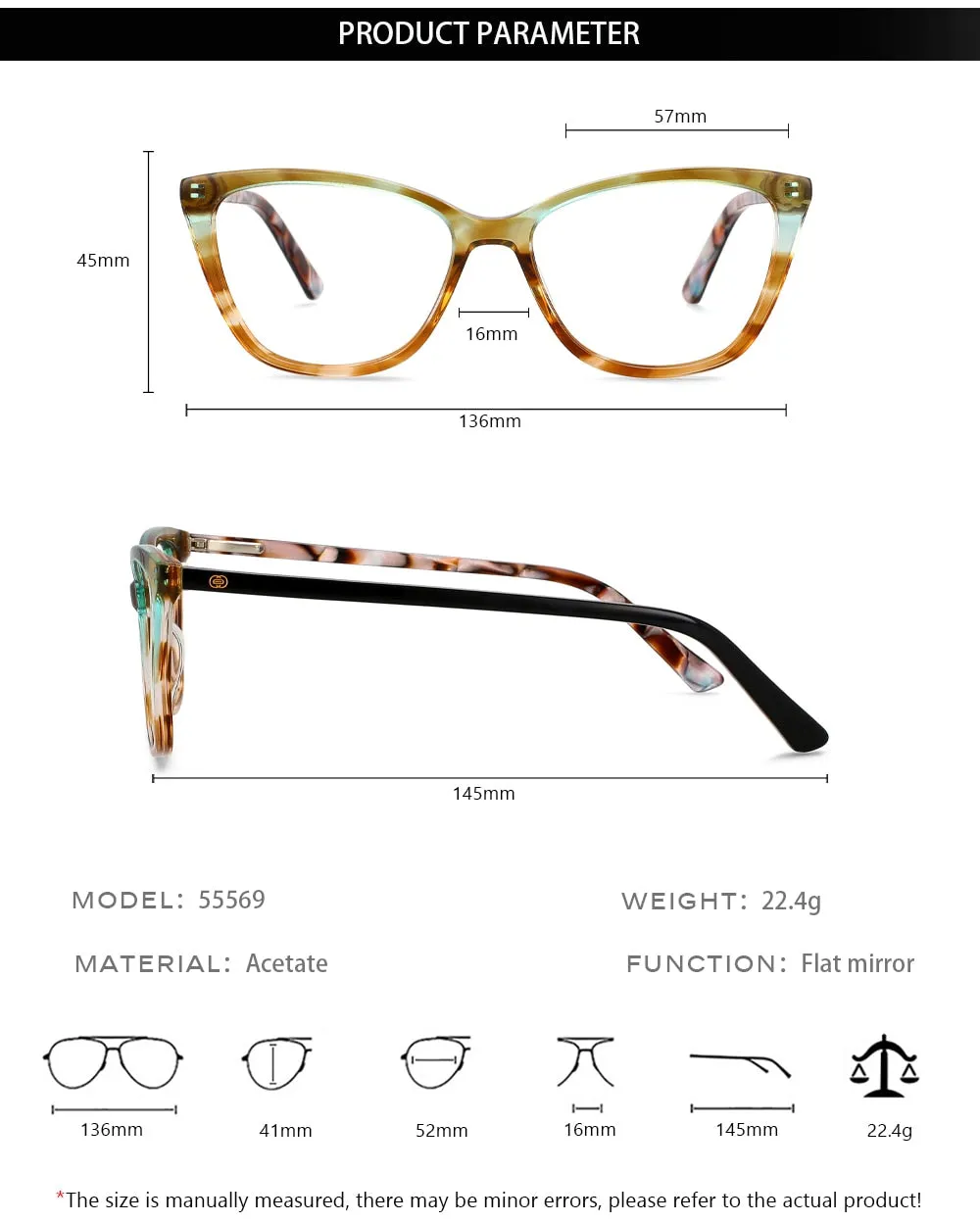 CCspace Unisex Full Rim Square Cat Eye Acetate Eyeglasses 55569