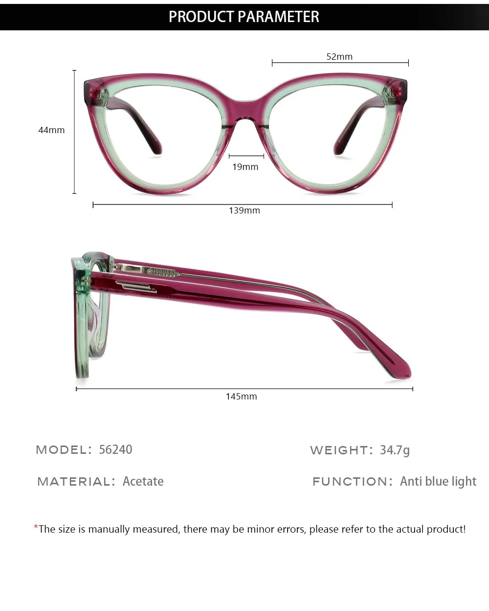 CCspace Unisex Full Rim Square Cat Eye Acetate Eyeglasses 56240
