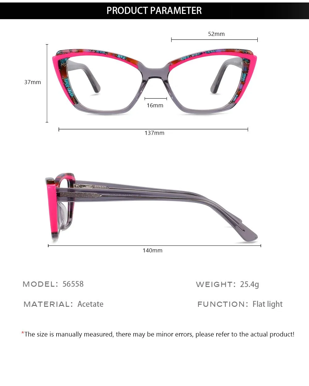 CCspace Unisex Full Rim Square Cat Eye Acetate Eyeglasses 56558