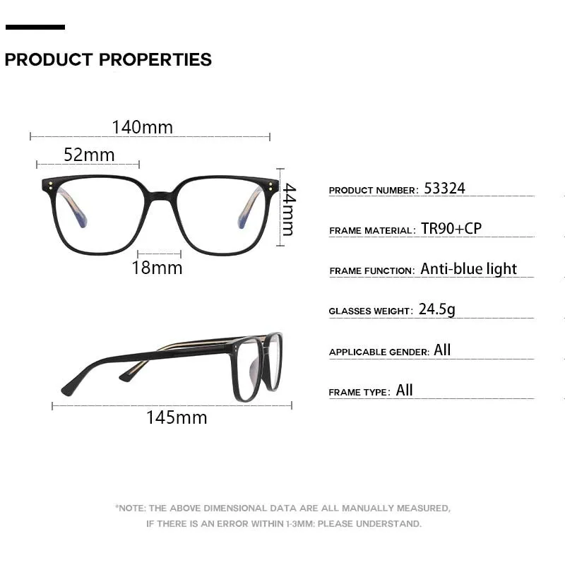 CCspace Unisex Full Rim Square Tr 90 Eyeglasses 53324
