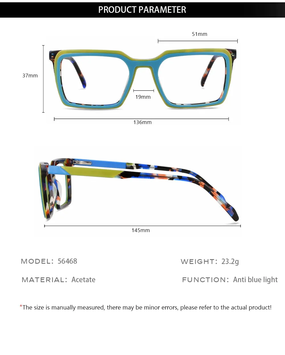 CCspace Women's Full Rim Square Acetate Eyeglasses 56468