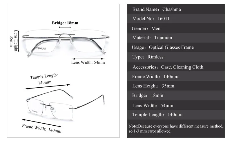 Chashma Ochki Unisex Rimless Square Titanium Eyeglasses 16011