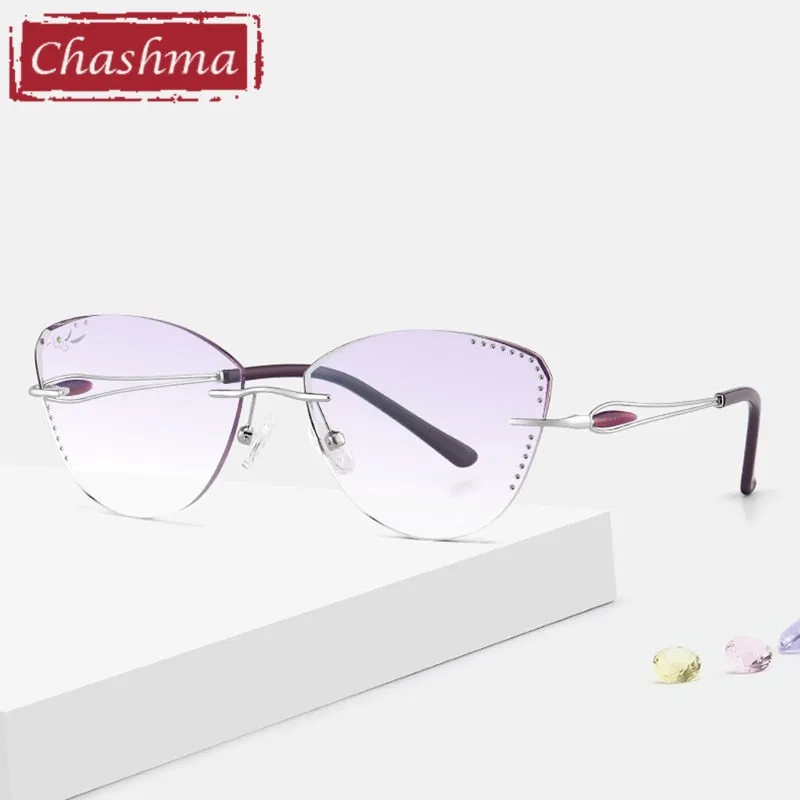 Chashma Ottica Women's Rimless Triangle Cat Eye Titanium Eyeglasses Tinted Lenses 88205