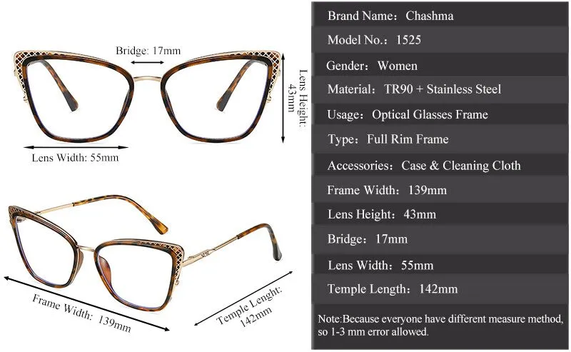 Chashma Women's Full Rim Cat Eye TR 90 Titanium Frame Eyeglasses 1525