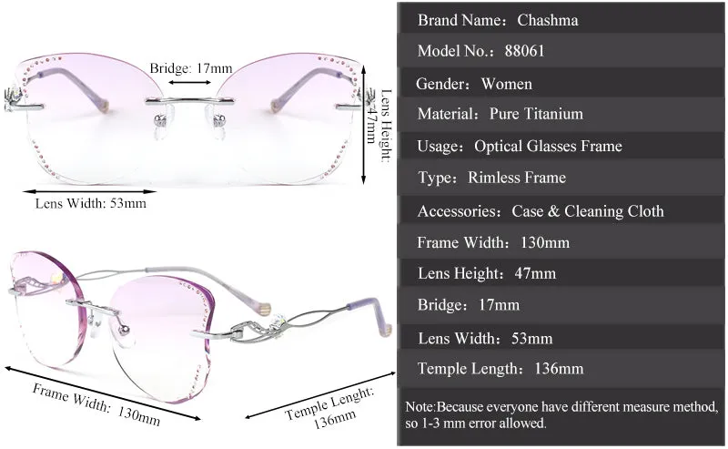 Chashma Women's Rimless Butterfly Titanium Rhinestone Eyeglasses 88061
