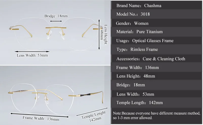 Chashma Women's Rimless Diamond Cut Titanium Round Frame Eyeglasses 3018