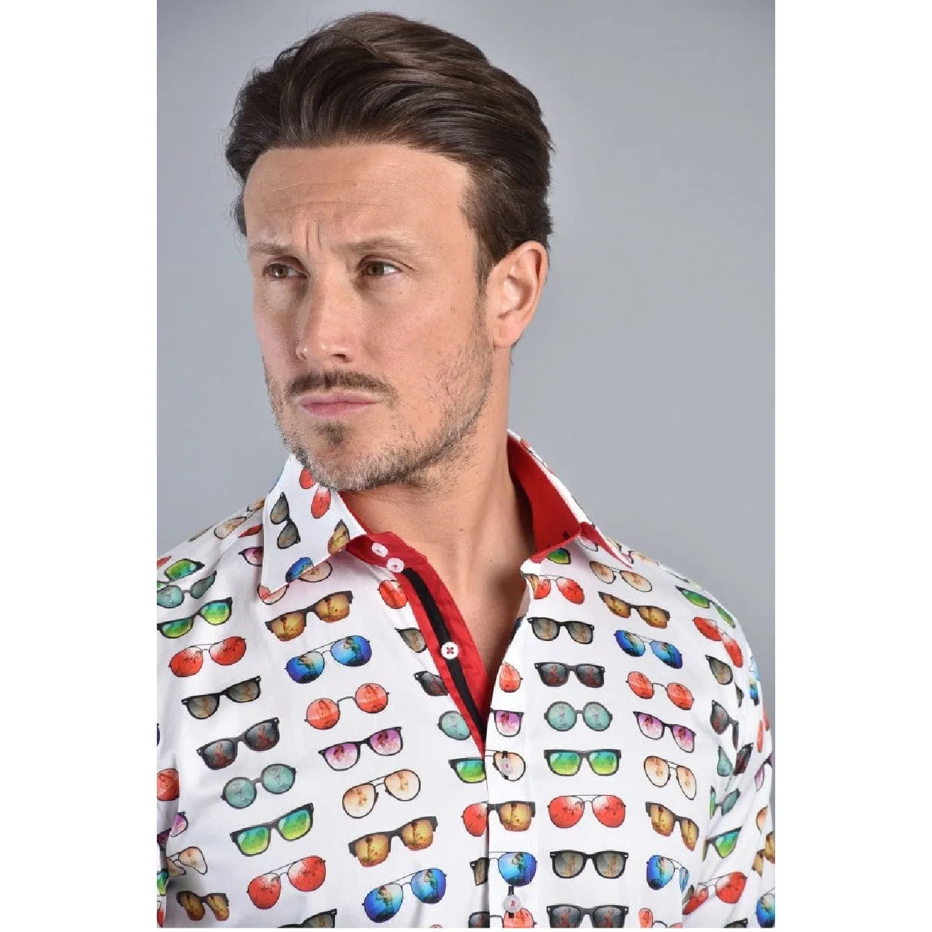Claudio Lugli Slim 100% Satin Cotton Short Sleeve Shirt Sunglasses Print CP6437