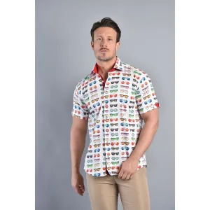 Claudio Lugli Slim 100% Satin Cotton Short Sleeve Shirt Sunglasses Print CP6437
