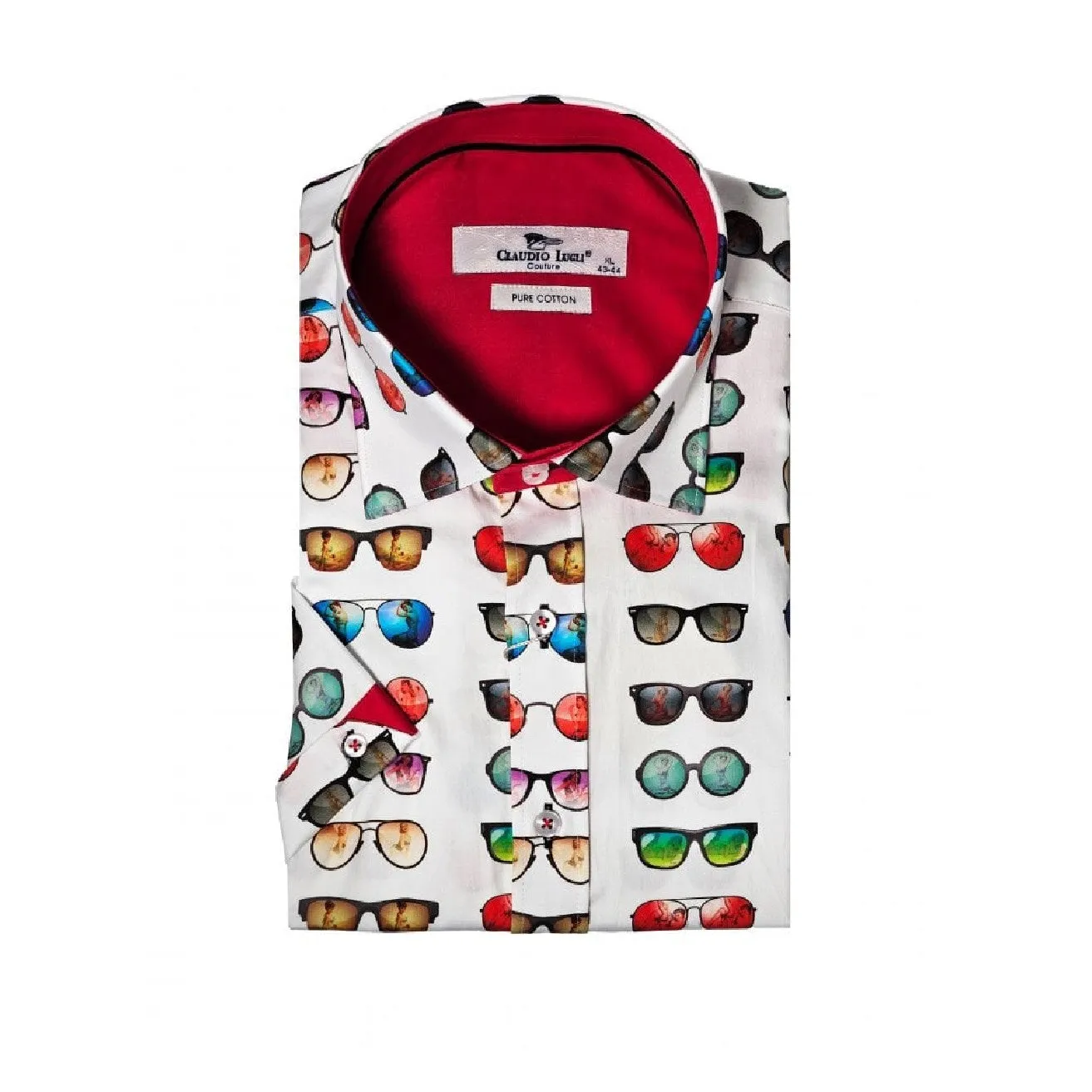 Claudio Lugli Slim 100% Satin Cotton Short Sleeve Shirt Sunglasses Print CP6437