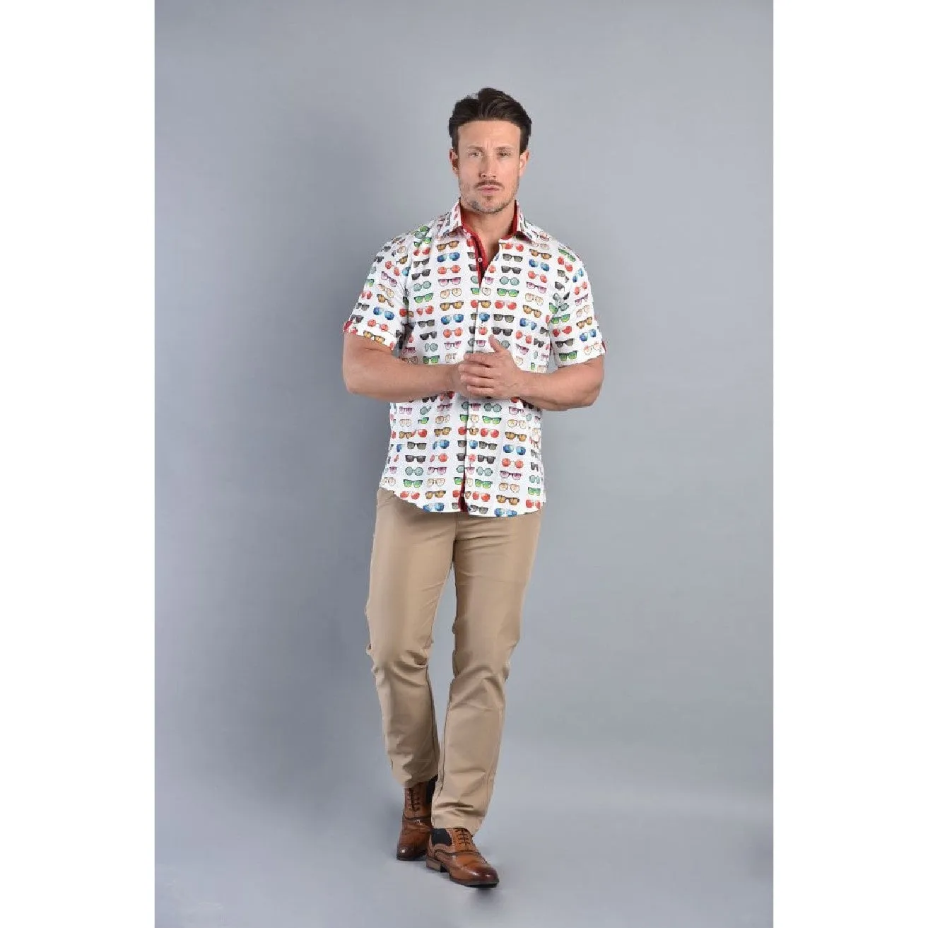 Claudio Lugli Slim 100% Satin Cotton Short Sleeve Shirt Sunglasses Print CP6437