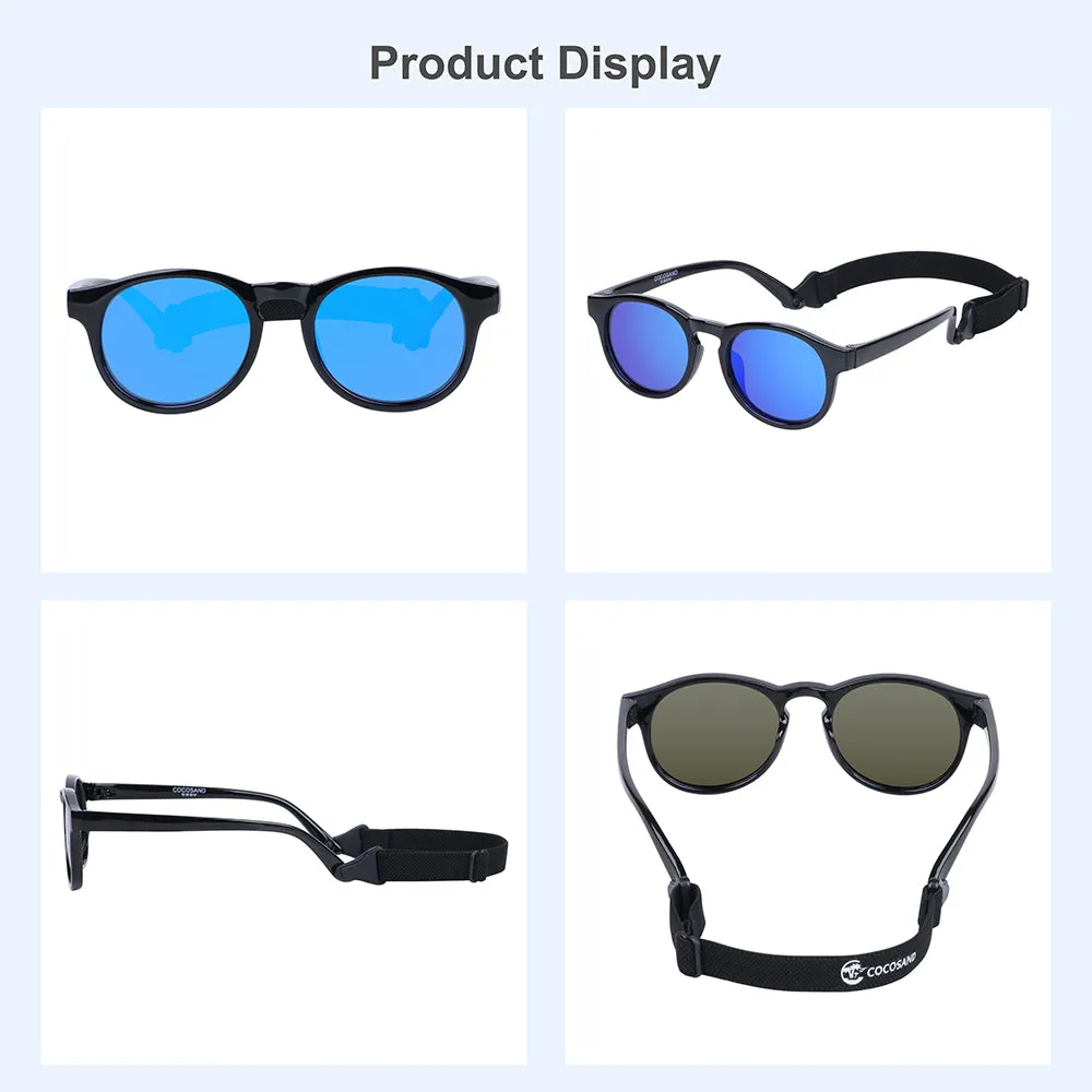 COCOSAND Toddler Sunglasses with Strap Polarized Flexible Retro Round for Little Kids Boys Girls Age 0-2, Black