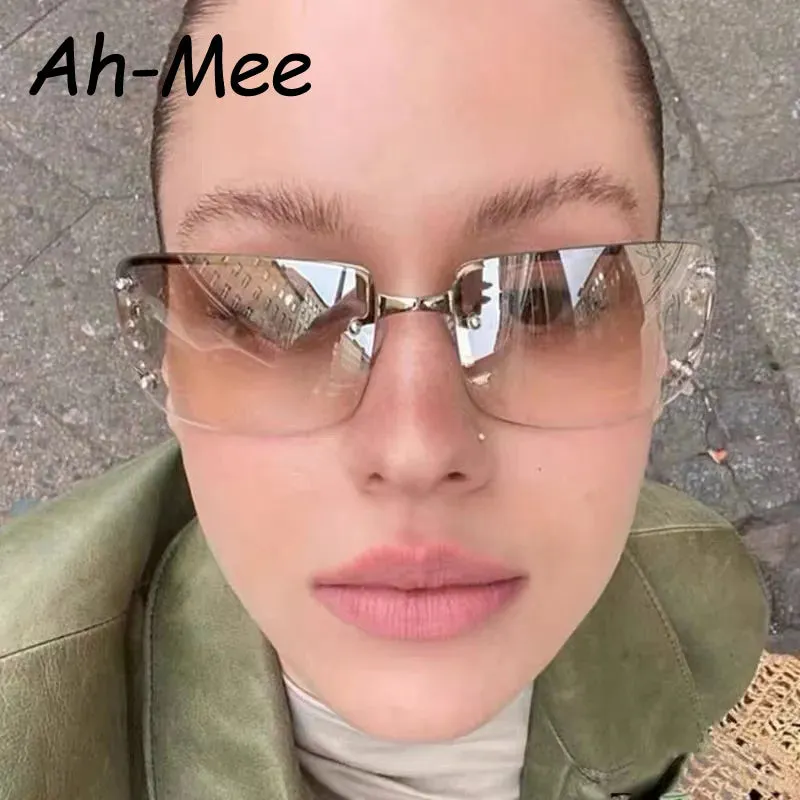 Cycling Y2K Rimless Rectangle Sunglasses Women Diamond Punk Around Sun Glasses Brand Shades Eyewear UV400 Eyeglasses Goggles