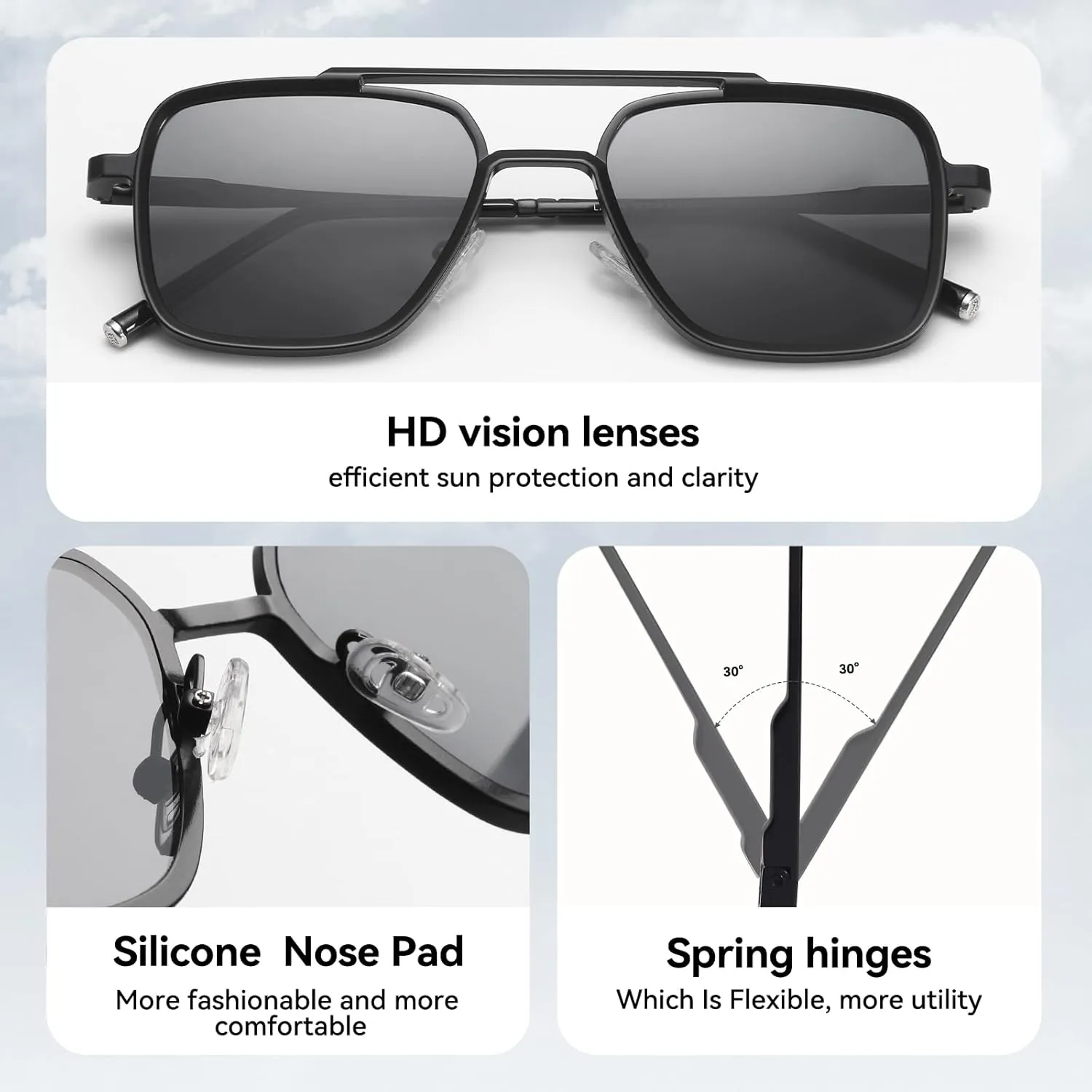 Dollger Sunglasses Men's Square Aviator Spring Hinge Metal Frame Women's Sunglasses Comfortable Punk Sunglasses Men's