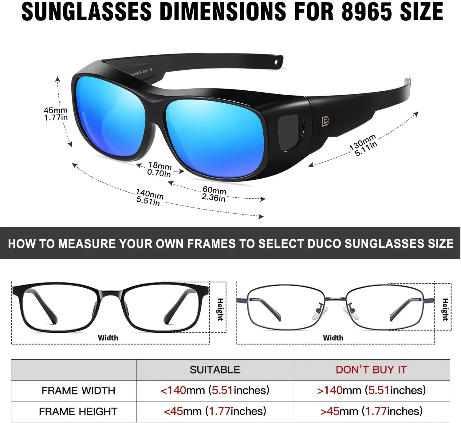 DUCO Fit Over Sunglasses Wraparound Sunglasses for Men Women Polarized Wear Over Sun Glasses UV Protection DC8965