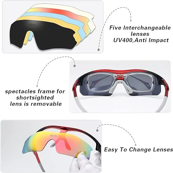 DUCO POLARIZED SPORTS CYCLING SUNGLASSES FOR MEN WITH 5 INTERCHANGEABLE LENSES FOR RUNNING GOLF FISHING HIKING BASEBALL 0020