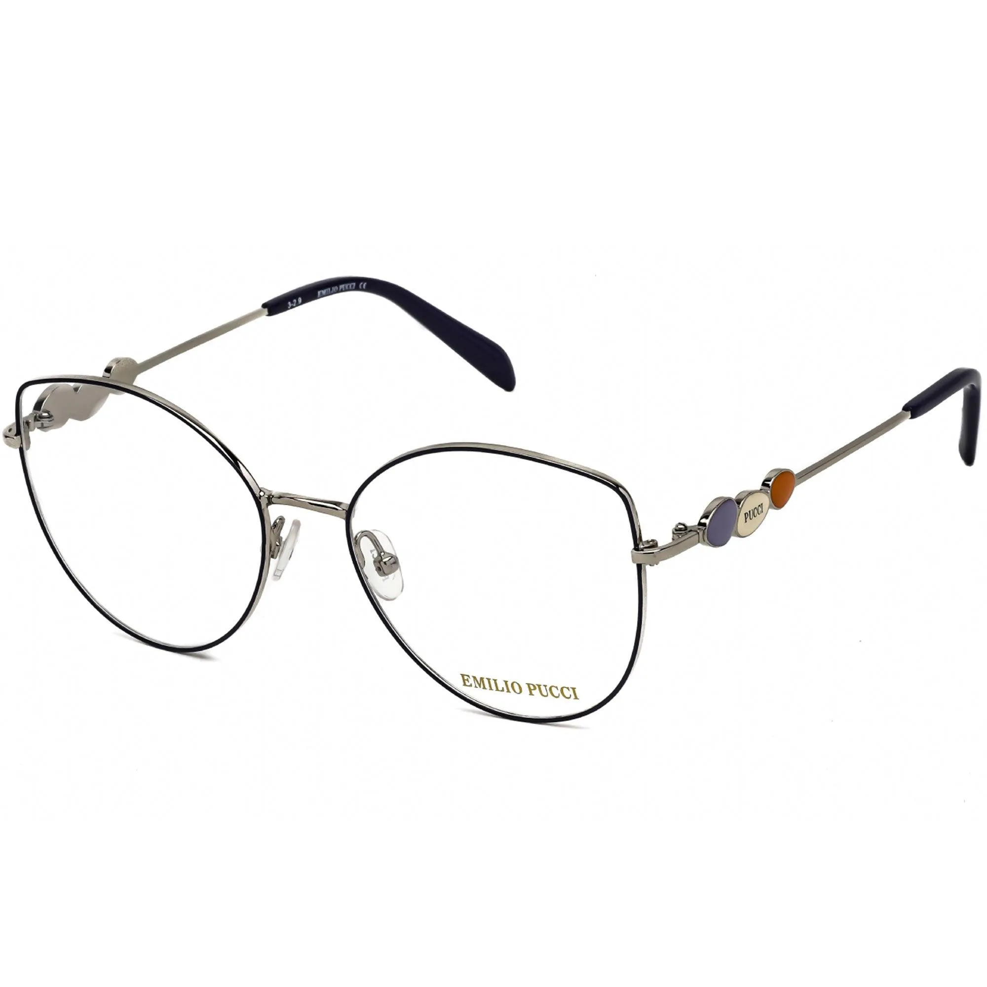 Emilio Pucci Women's Eyeglasses - Shiny Blue/Silver/Black Metal Frame | EP5144 090