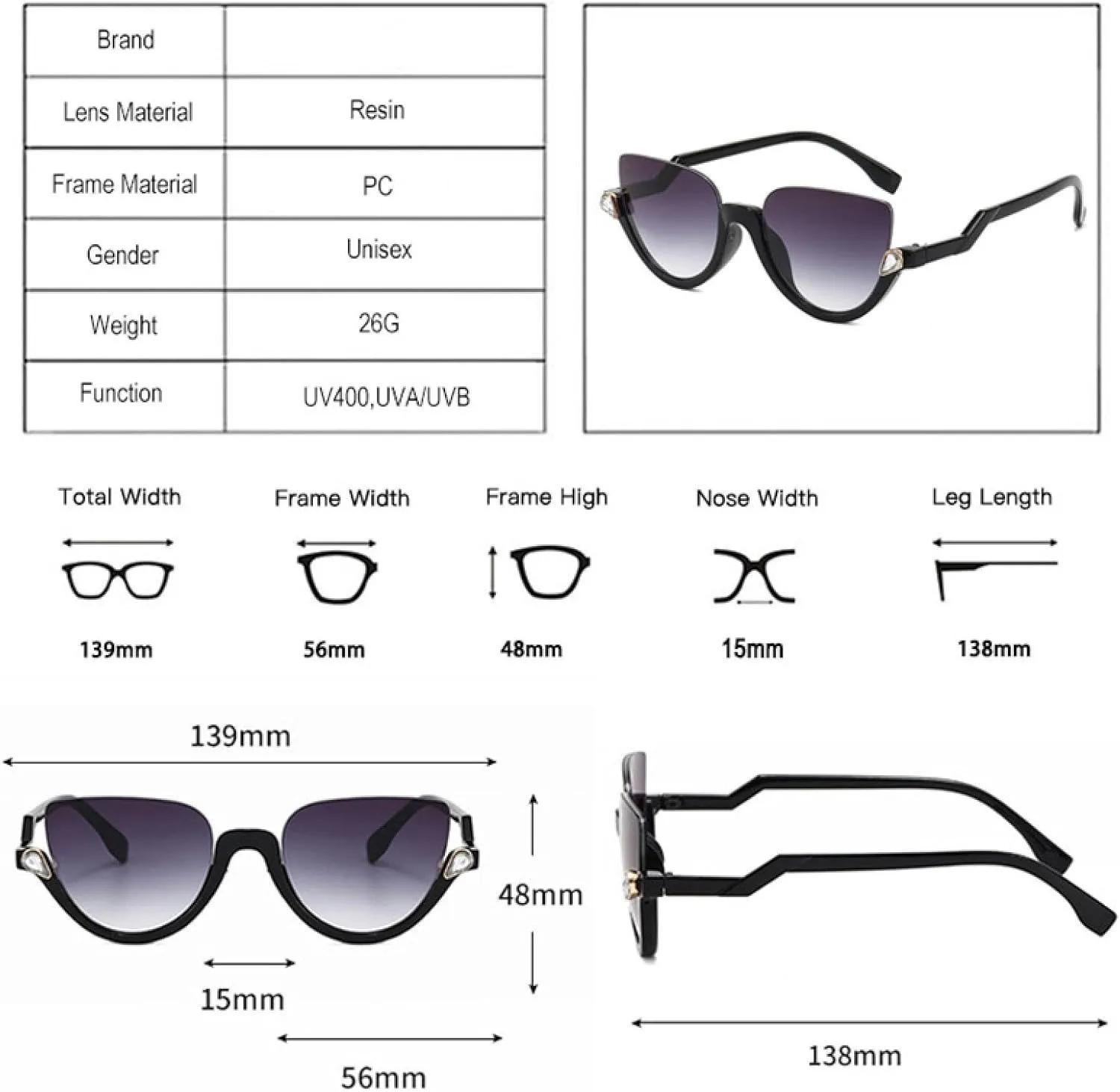Fashion Half Frame Cat Eye Luxury Diamond Sunglasses Women Gradient Mirror Eyewear Vintage Men