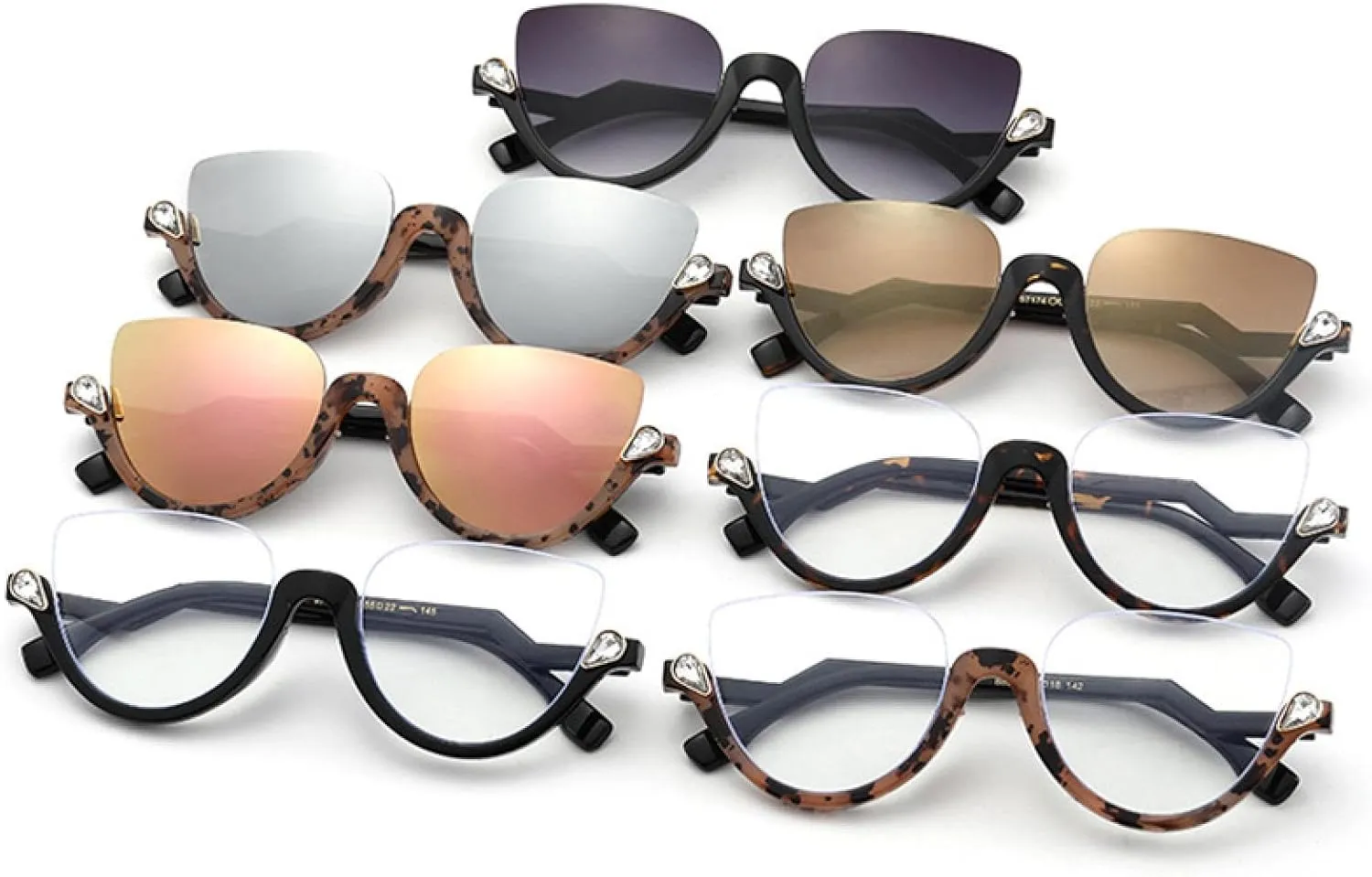 Fashion Half Frame Cat Eye Luxury Diamond Sunglasses Women Gradient Mirror Eyewear Vintage Men