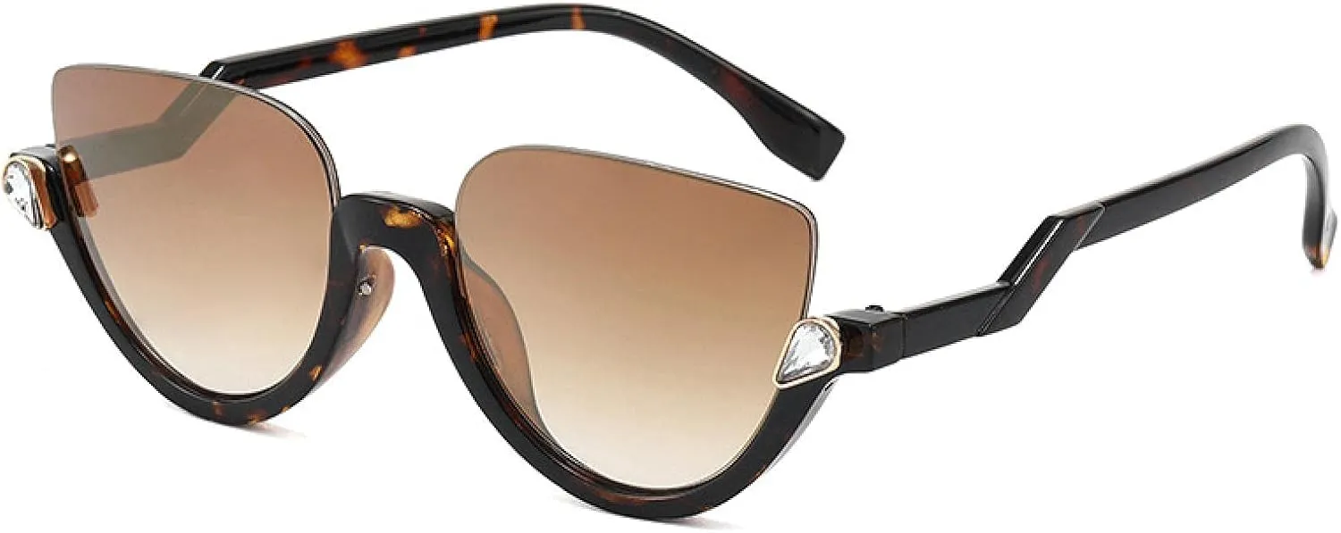 Fashion Half Frame Cat Eye Luxury Diamond Sunglasses Women Gradient Mirror Eyewear Vintage Men