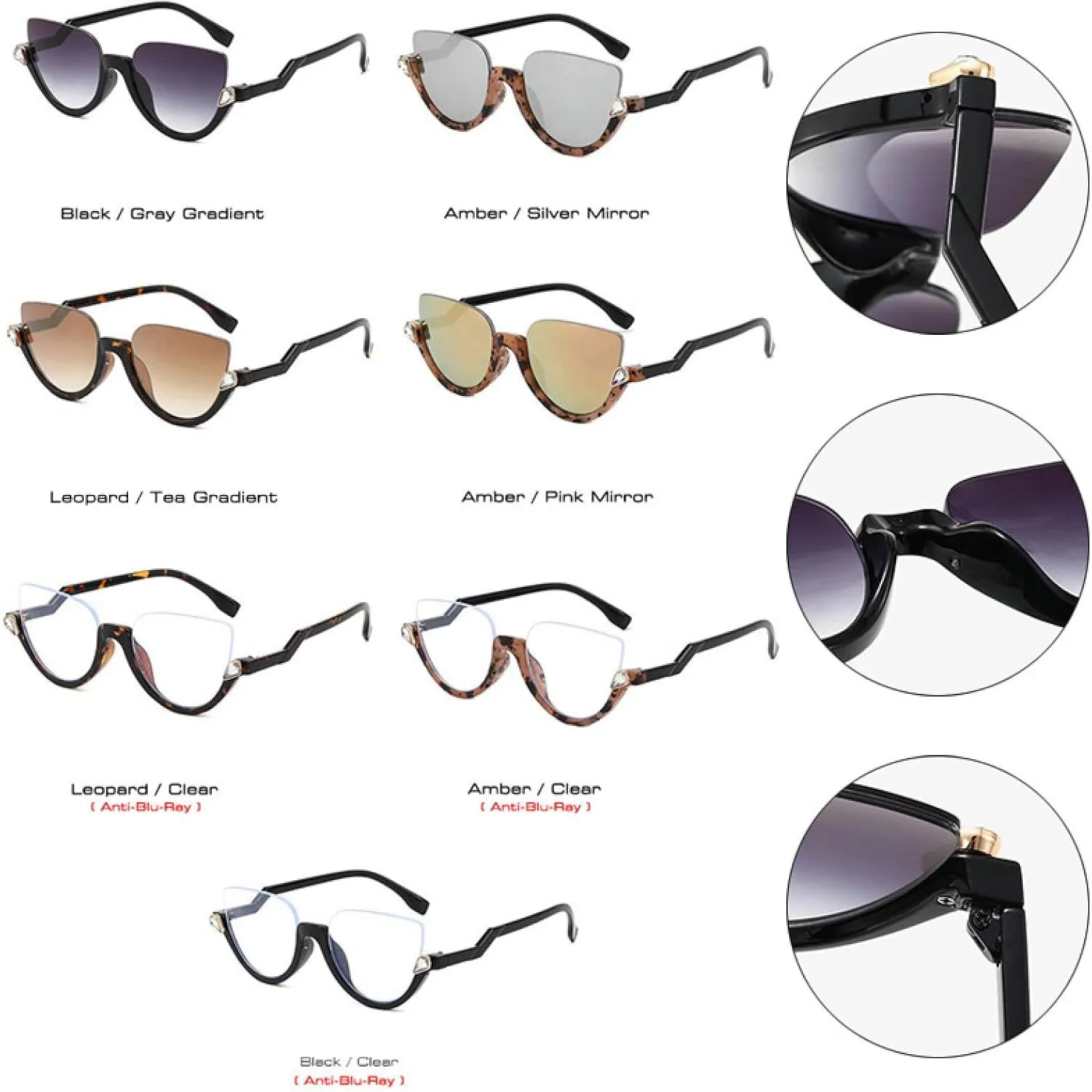 Fashion Half Frame Cat Eye Luxury Diamond Sunglasses Women Gradient Mirror Eyewear Vintage Men