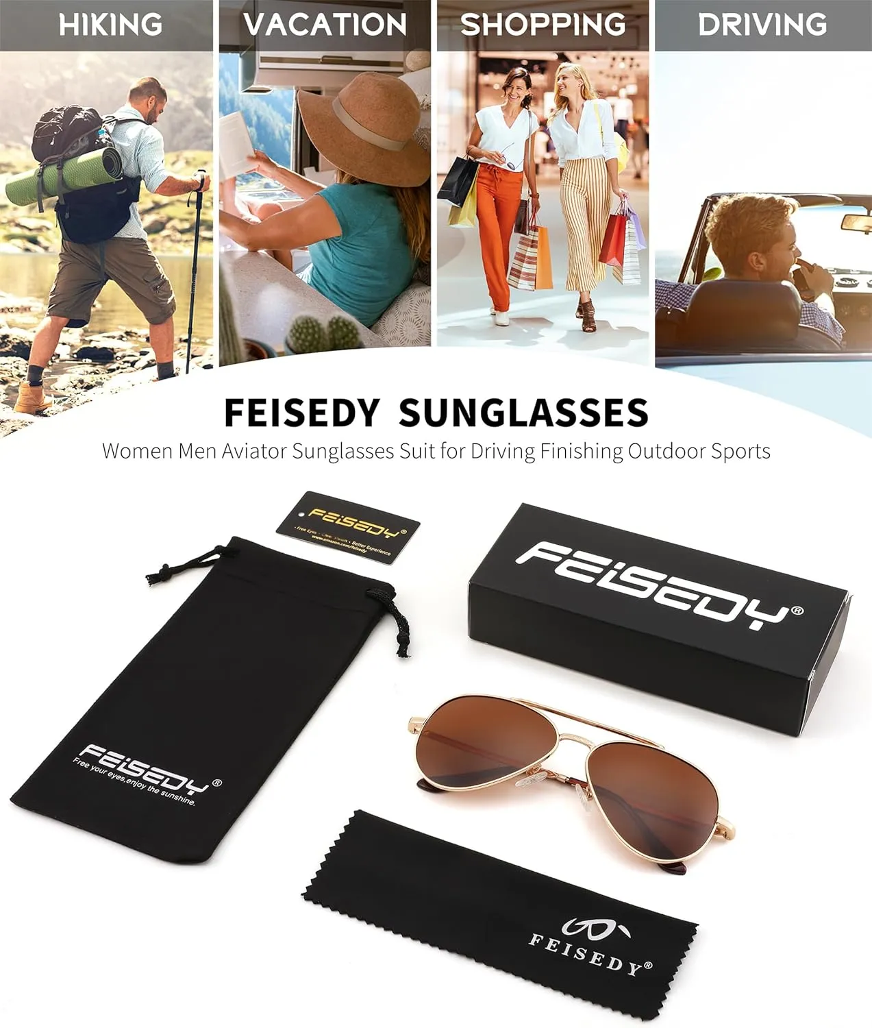 FEISEDY Sunglasses Womens, Aviator Polarized Men, Classic Metal Frame Pilot Shades B9113