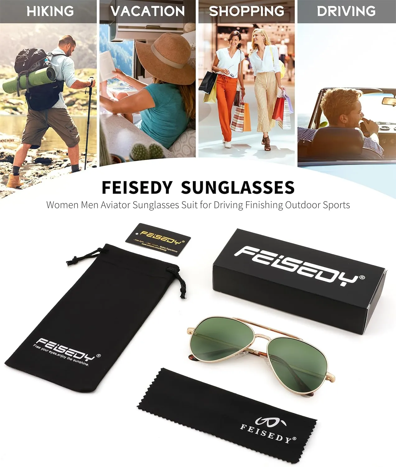 FEISEDY Sunglasses Womens, Aviator Polarized Men, Classic Metal Frame Pilot Shades B9113