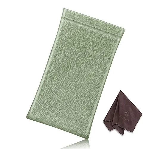 Fintie Eyeglasses Pouch with Cleaning Cloth, Portable Squeeze Top Vegan Leather Soft Glasses Case Anti-Scratch Sunglasses Bag, Sage Green