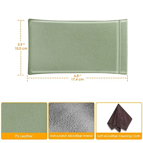 Fintie Eyeglasses Pouch with Cleaning Cloth, Portable Squeeze Top Vegan Leather Soft Glasses Case Anti-Scratch Sunglasses Bag, Sage Green