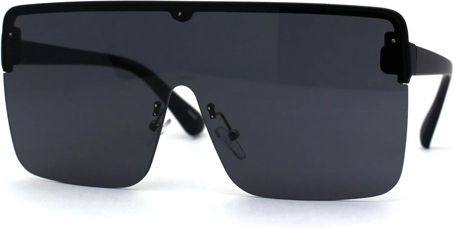 Flat Top Half Rim Oversize Shield 80s Fashion Sunglasses