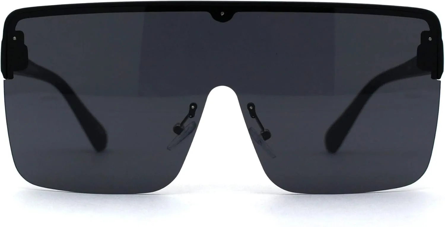 Flat Top Half Rim Oversize Shield 80s Fashion Sunglasses