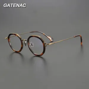 Gatenac Unisex Full Rim Flat Top Round Acetate Titanium Eyeglasses Gxyj1454
