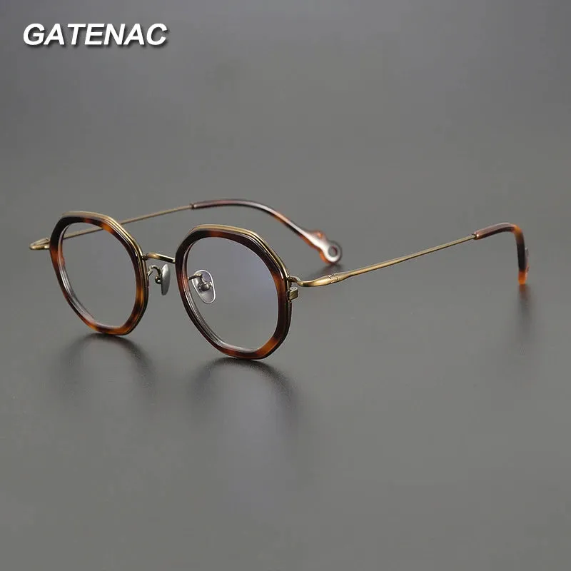 Gatenac Unisex Full Rim Flat Top Round Acetate Titanium Eyeglasses Gxyj1454