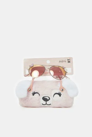 Girls Pink And Gold Aviator Sunglasses With Embellished Case