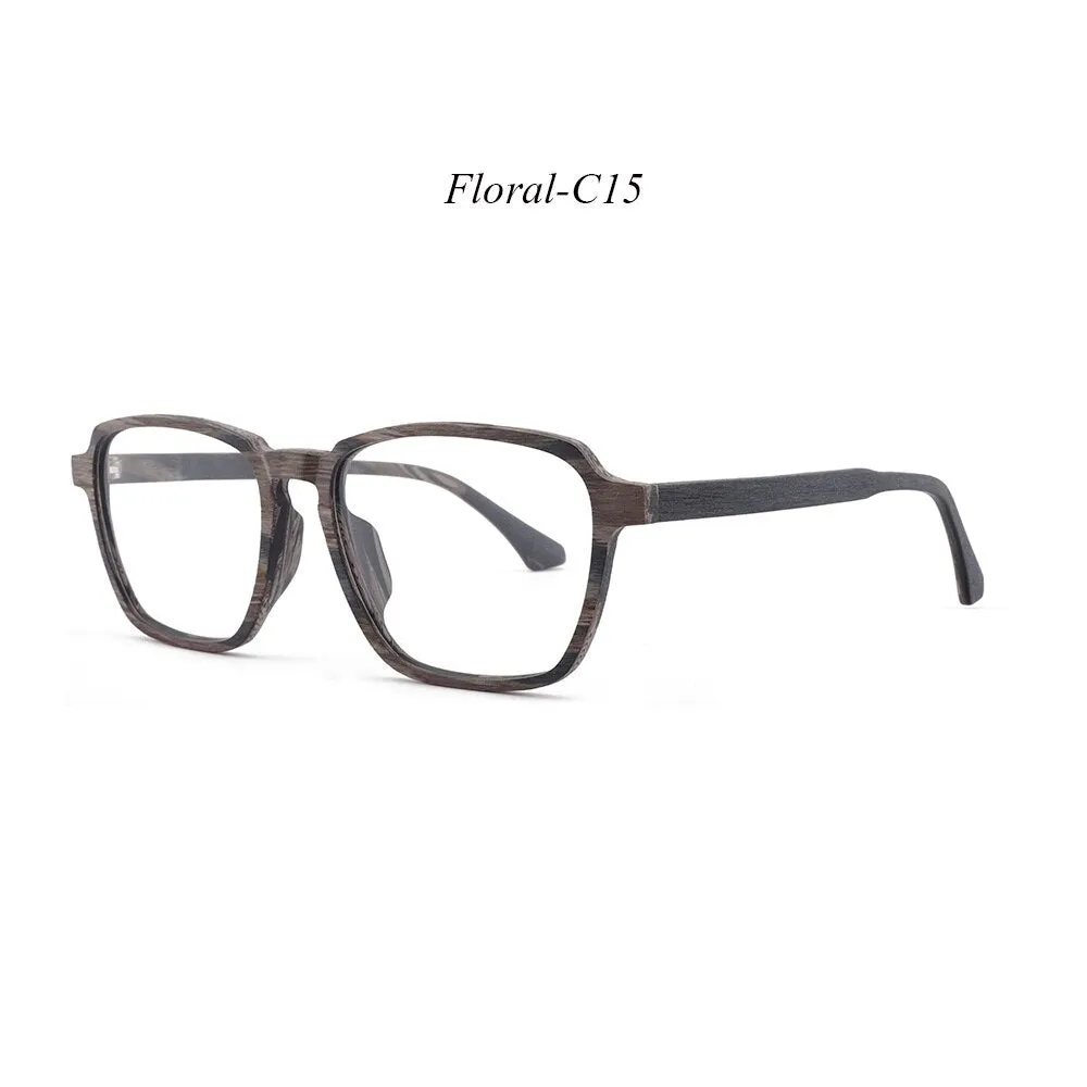 Hdcrafter Men's Full Rim Oversized Polygonal Square Wood Frame Eyeglasses 1694