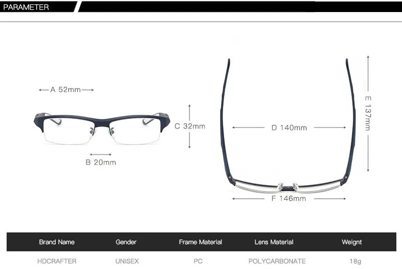Hdcrafter Men's TR 90 Rectangle Semi Rim Frame Eyeglasses L1077
