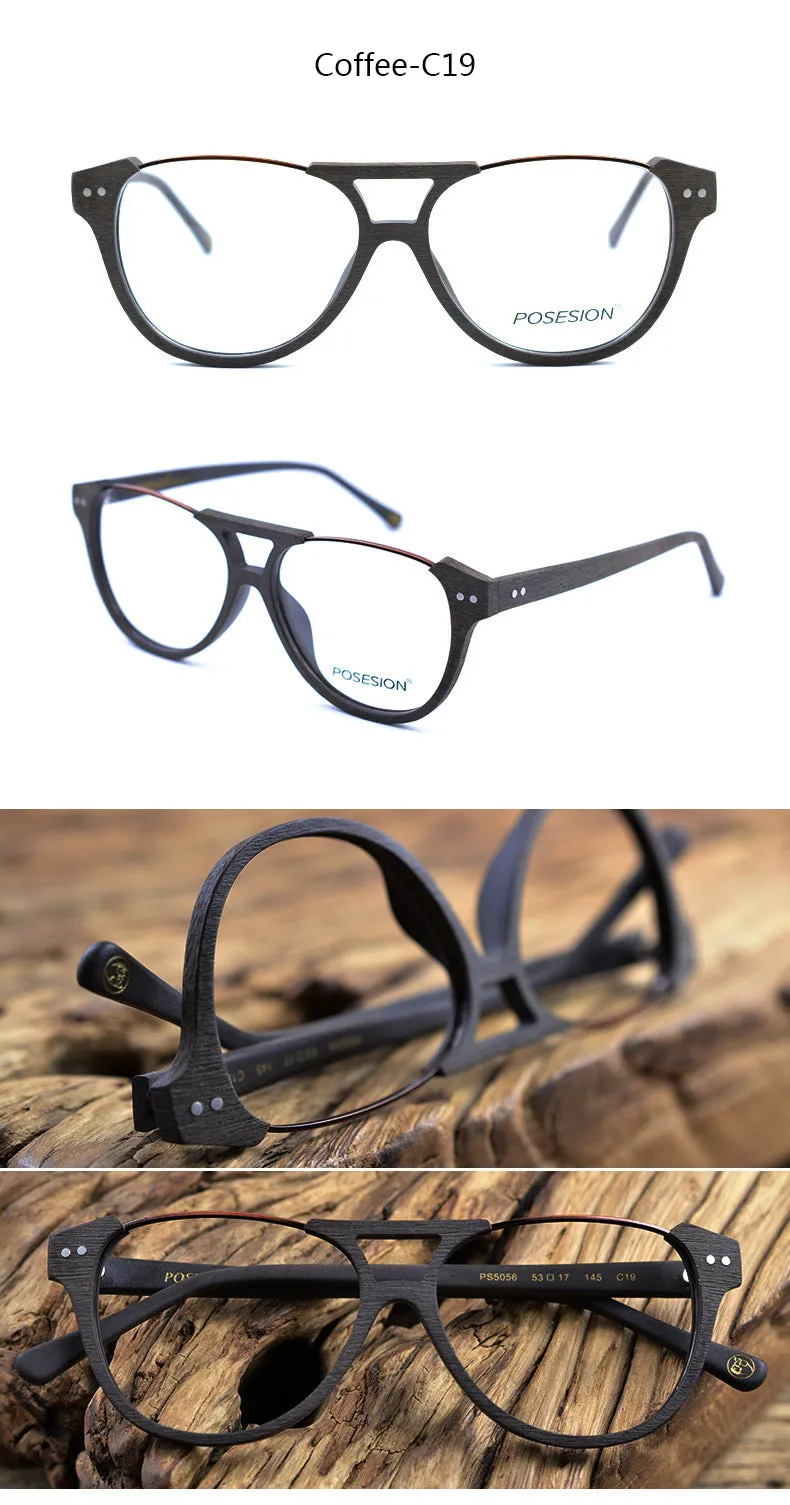Hdcrafter Unisex Full Rim Round Double Bridge Metal Wood Frame Eyeglasses Ps5056